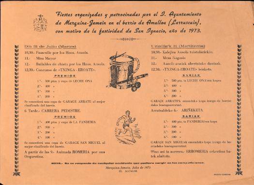 Fiestas organizadas y patrocinadas por el I. Ayuntamiento de Marquina-Jemein en el barrio de Amalloa (Larruscain), con motivo de la festividad de San Ignacio, año de 1973. [Kartela]