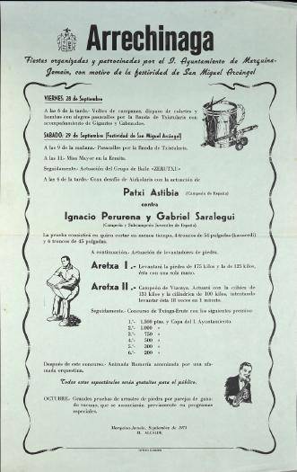 Arrechinaga: Fiestas organizadas y patrocinadas por el I. Ayuntamiento de Marquina-Jemein, con motivo de la festividad de San Miguel Arcángel  [1973] [Kartela]