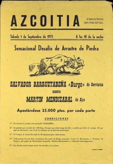 Azcoitia. Frontón municipal: Sensacional desafío de arrastre de piedra [1973] [Kartela]