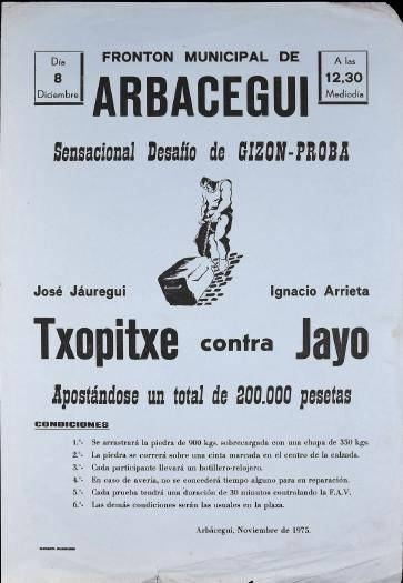Frontón Municipal de Arbacegui: Sensacional desafio de Gizon-Proba [1975-12-08] [Kartela]
