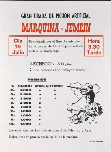 Gran Tirada de Pichón Artificial: Marquina-Jemein [1975] [Kartela]