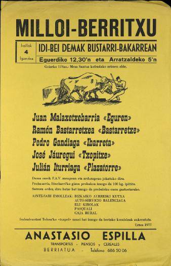 Milloi-Berritxu: Idi-behi demak bustarri-bakarrean [1977] [Kartela]