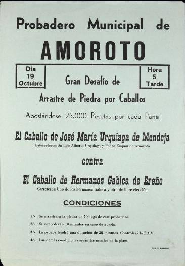 Probadero Municipal de Amoroto: Gran desafío de arrastre de piedra por caballos [1975?] [Kartela]