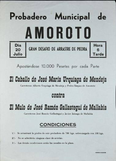 Probadero Municipal de Amoroto: Gran desafío de arrastre de piedra [1975?] [Kartela]