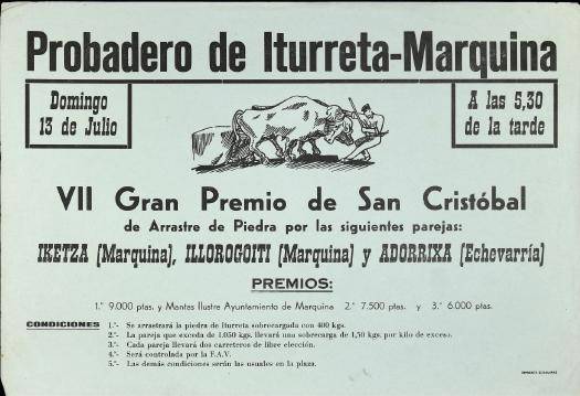 Probadero de Iturreta-Marquina: VII Gran Premio de San Cristóbal de arrastre de piedra [1975] [Kartela]