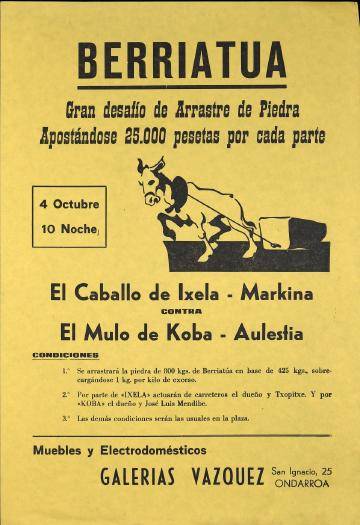 Berriatua: Gran desafío de Arrastre de Piedra apostándose 25.000 pesetas por cada parte  [1975?] [Kartela]