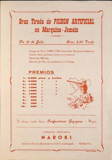 Gran tirada de pichón artificial en Marquina-Jemein [1974?] [Kartela]