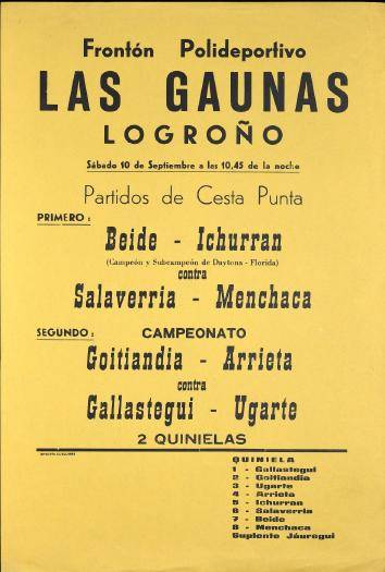 Frontón Polideportivo Las Gaunas. Logroño: Partidos de cesta punta [1977] [Kartela]