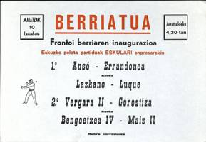 Berriatua: Frontoi berriarren inaugurazioa Eskuzko pelota partiduak Eskulari enpresarekin [1986]