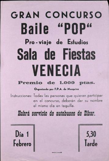 Gran Concurso  Baile "Pop" pro-viaje de estudios: Sala de Fiestas Venecia [1992?] [Kartela]