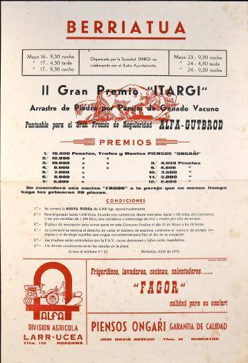 Berriatua. II Gran Premio "Itargi": Arrastre de piedra por parejas de ganado vacuno [1970] [Kartela]