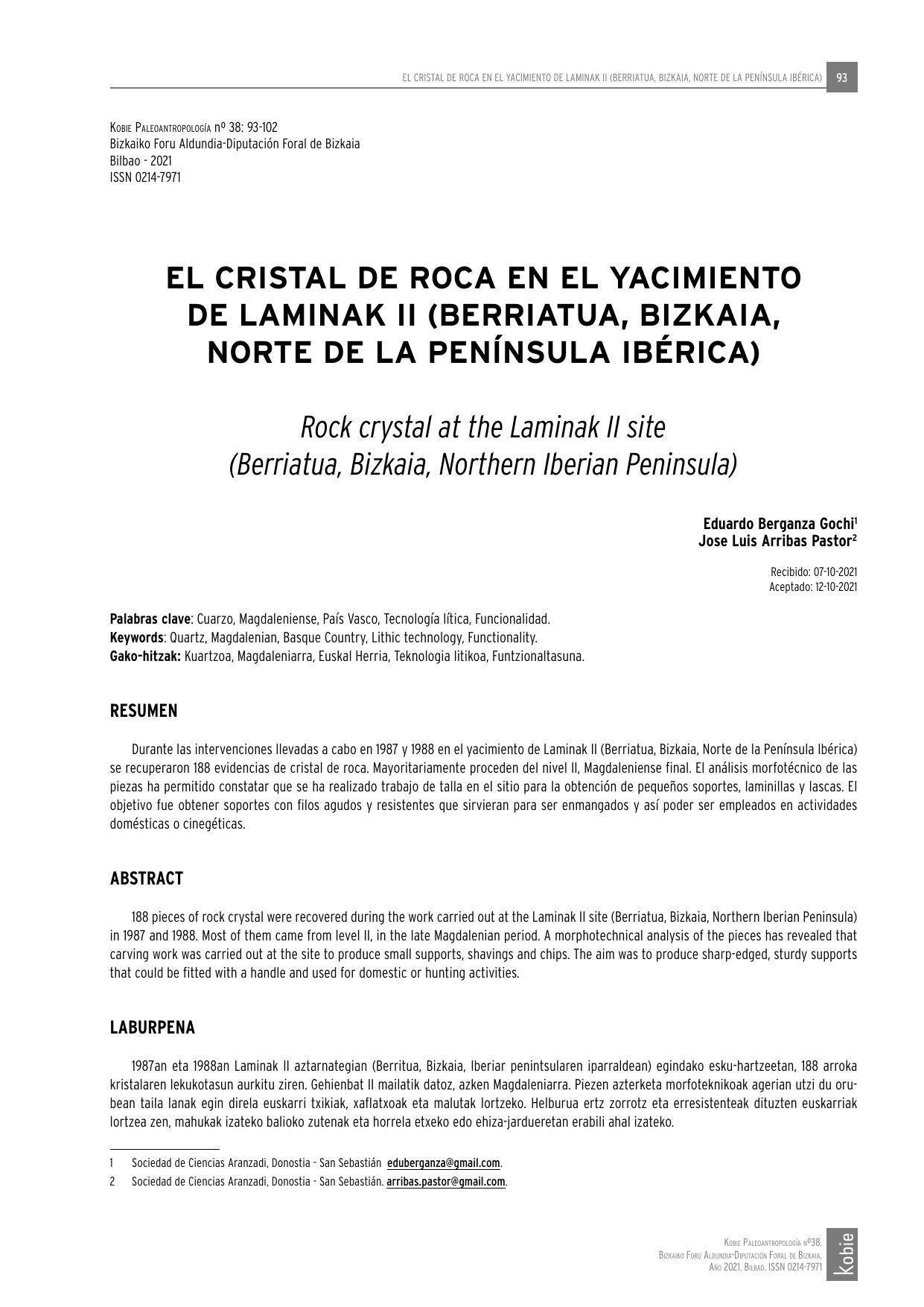 El cristal de roca en el yacimiento de laminak II (Berriatua, Bizkaia, norte de la península ibérica) [Artikulua]